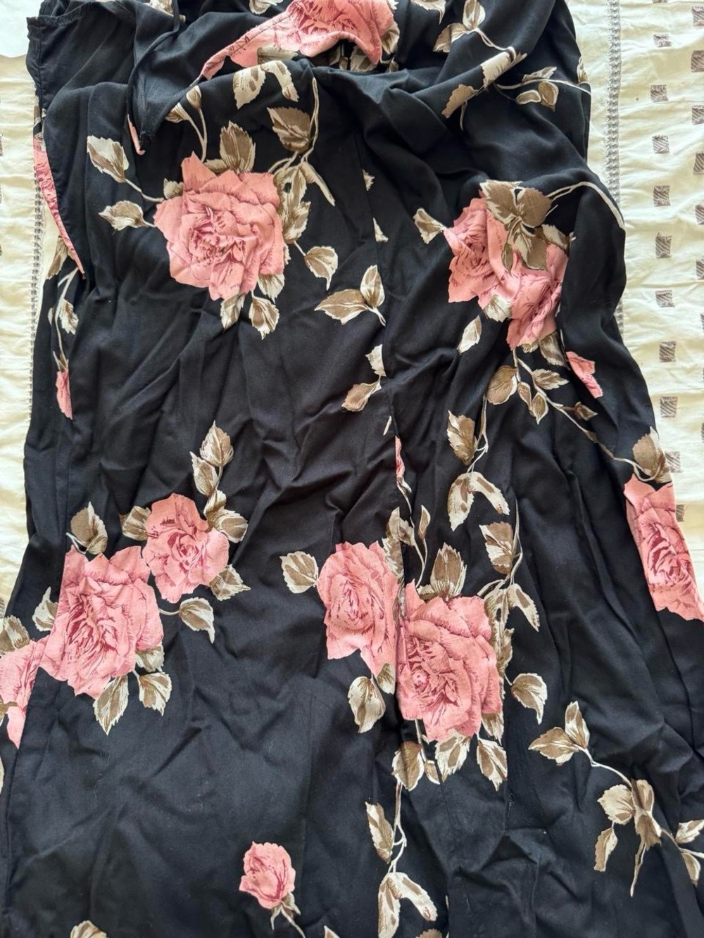 90s Black Floral Maxi Slip Dress with Pink Rose Print